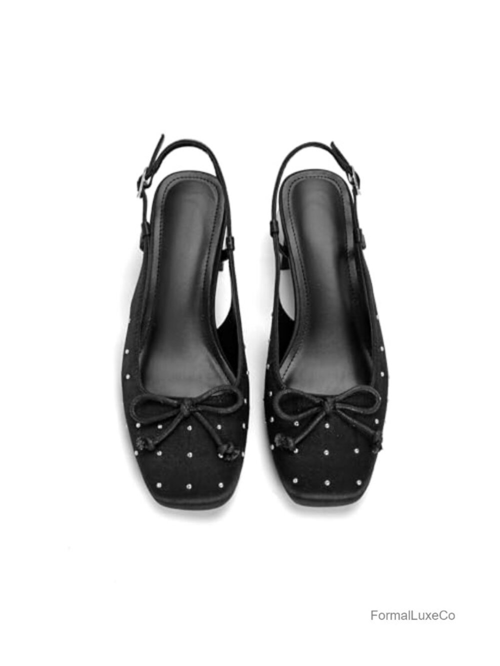 Slingback Ballet Pumps with Bow 2 Inch Studded Low Block Chunky Heels